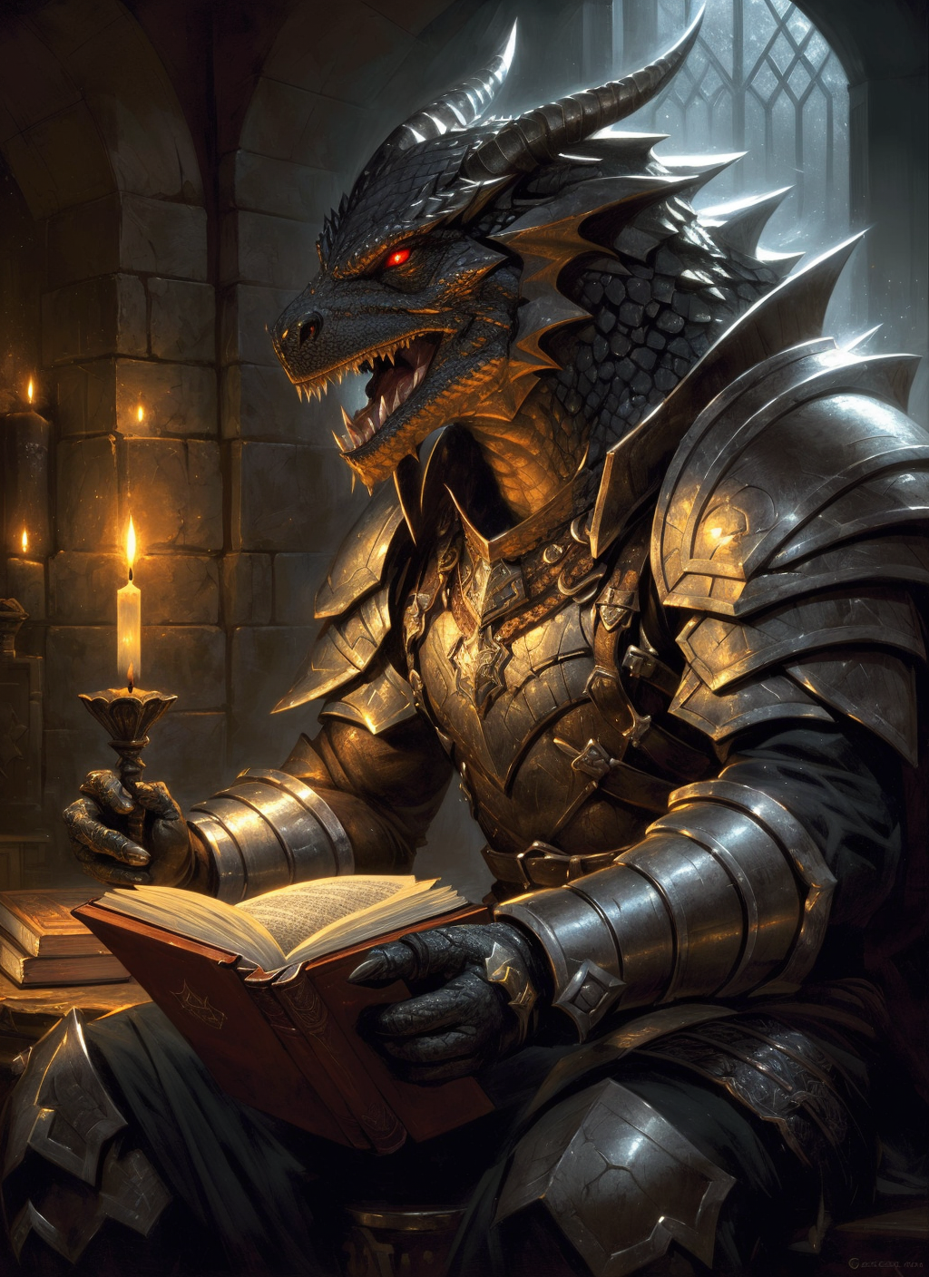 22072214-1650465309-black dragonborn, solo, red eyes, male, sitting, male focus, horns, teeth, indoors, armor, book, glowing, sharp teeth, shoulder.png